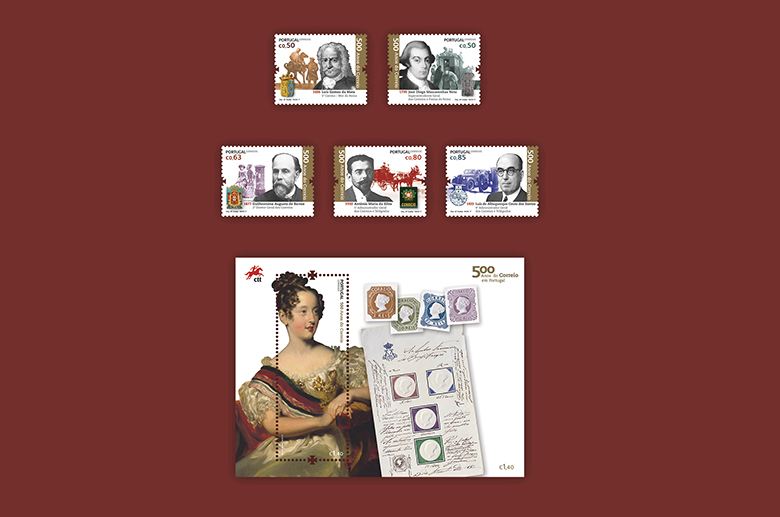 Cinco selos individuais e uma folha comemorativa ilustrando figura histórica com documento escrito.