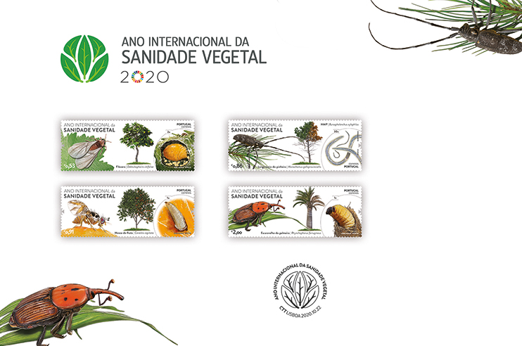 Cinco selos que ilustram plantas e insetos no âmbito do Ano Internacional da Sanidade Vegetal 2020