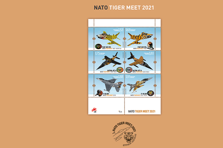 Seis selos com aviões militares celebram o NATO Tiger Meet 2021.