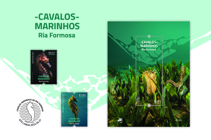 Selos com cavalos marinhos.