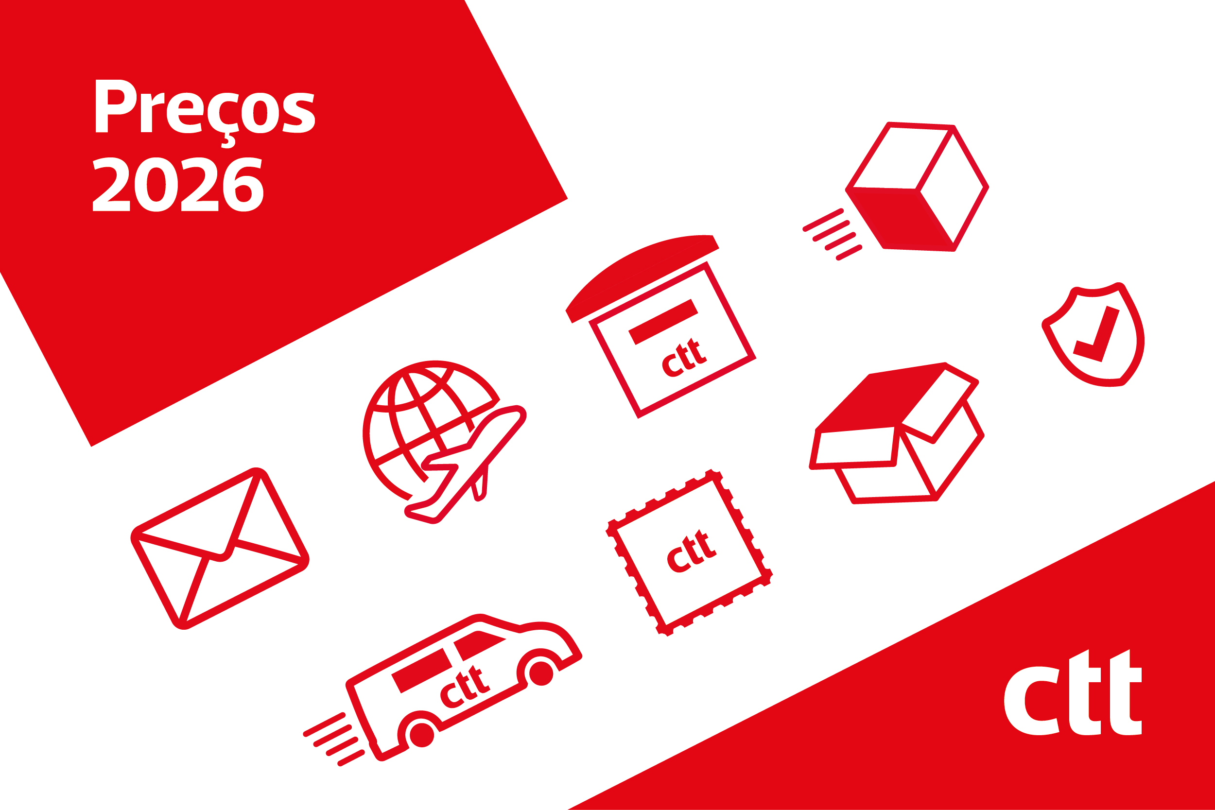 Fundo branco com retângulo encarnado com a frase: ''Preços 2026''