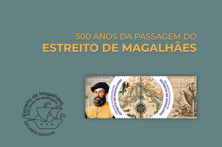 Selo comemorativo dos 500 anos da passagem do Estreito de Magalhães, com mapa, retrato e navio.