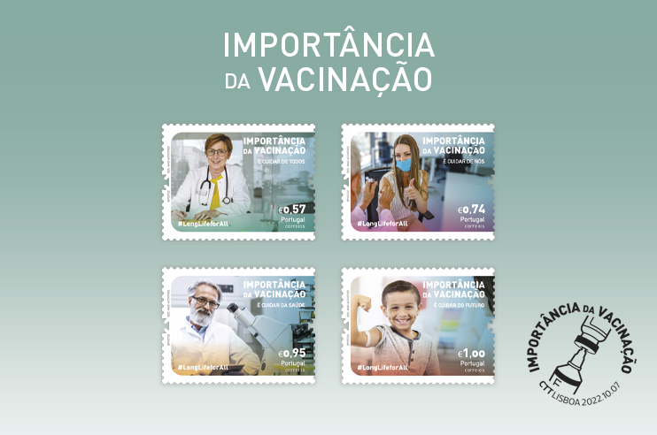 Selos com pessoas, uma médica, uma criança, um senhor e uma rapariga a ser vacinada.