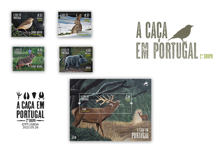 Selos com fotos dos animais que se caçam em portugal,  um coelho, um passáro, um javali.