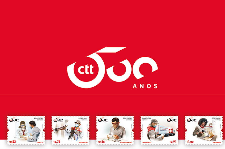Selos com diversas ilustrações sobre os serviços dos CTT.