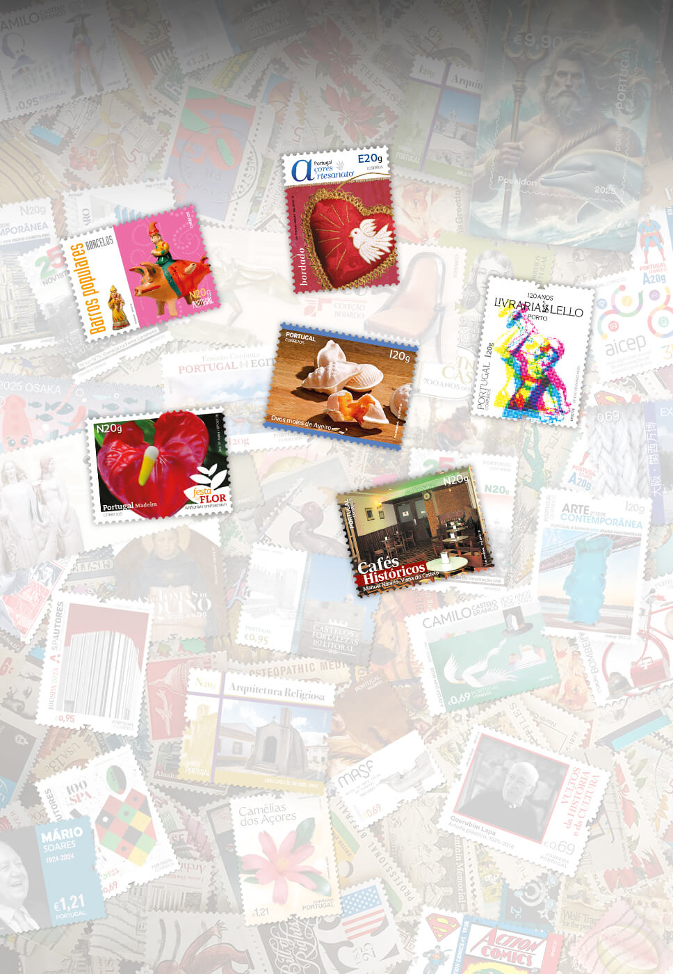 diversos selos e emissões lançados pelos CTT