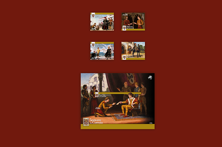 Quatro selos com figuras em trajes históricos e uma ilustração com duas pessoas em roupas tradicionais envolvidas numa atividade cultural ou cerimonial.