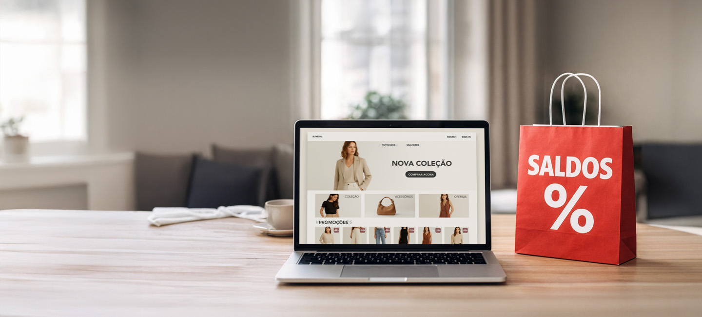 Computador portátil com uma loja de e-commerce aberta e um saco com a palavra 