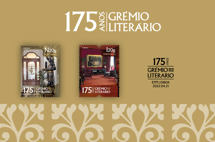 Selos que mostram uma sala e uma entrada referentes aos 175 anos do Grémio Literário.
