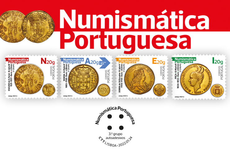Selos com 4 tipos de moedas diferentes.