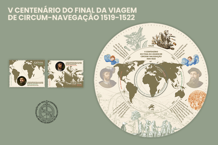 Selos com barco antigo e com o mapa mundo