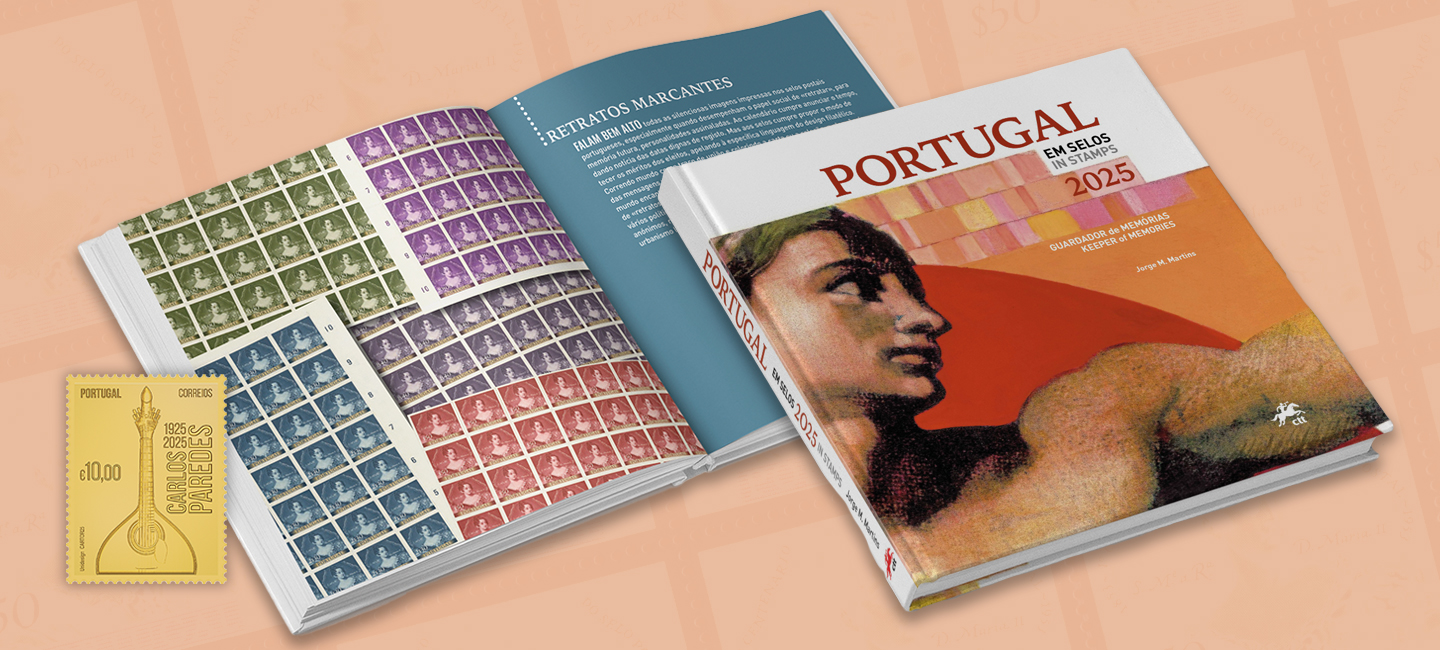 livro Portugal em Selos 2025, capa ilustração fechada e livro aberto