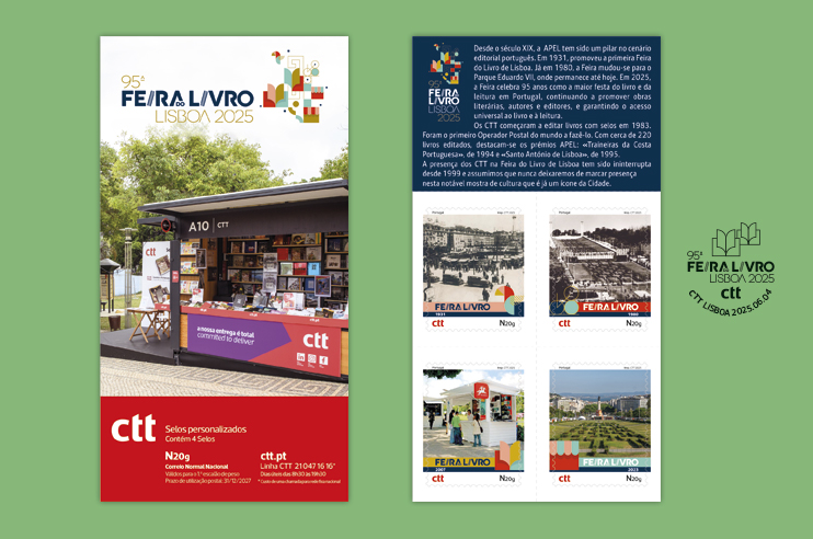 Booklet comemorativo da  95ª Feira do Livro de Lisboa 2025, fotografia dos stand e  E selos comemorativos de Quatro imagens históricas em preto e branco relacionadas à Feira do Livro de Lisboa ao longo dos anos.