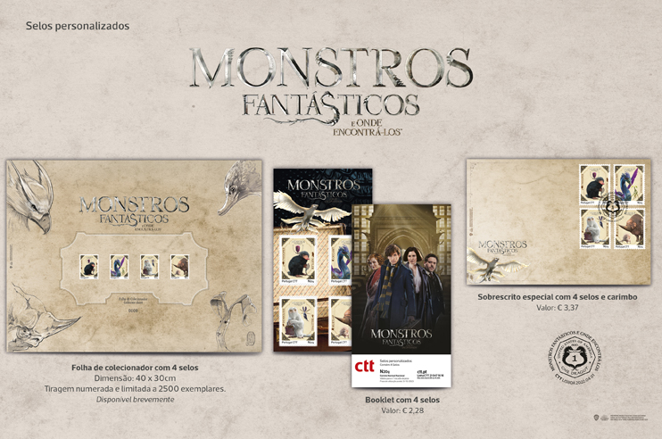 Coleção de selos personalizados dos Monstros Fantásticos, com folha, bloco e envelope comemorativo.