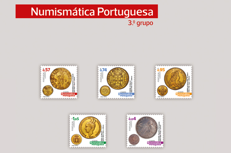 Selos com as diferentes numismática, aparecem 5 moedas diferentes.