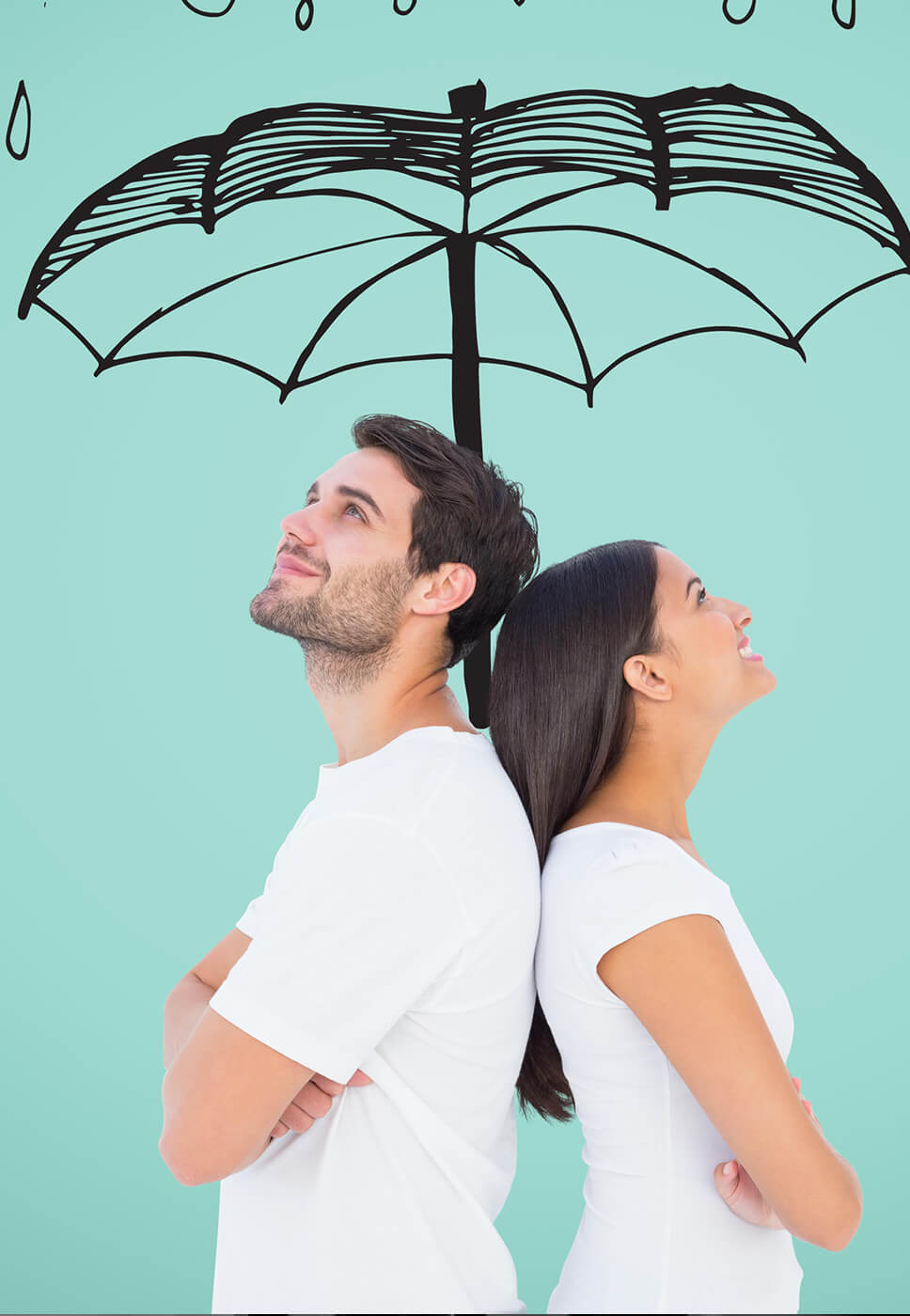Casal debaixo de um desenho  de um chapéu de chuva