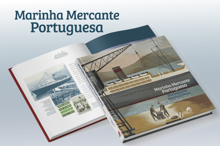 Capa do livro Marinha Mercante Portuguesa. Na capa do livro está lustrado um navio da marinha no porto e 2 homens a prepararem-se para carregar o navio.